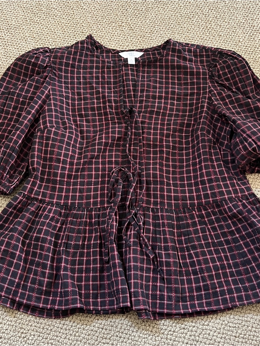 Time and True Plaid Tie-Front Peplum Blouse in Black and Pink-size small